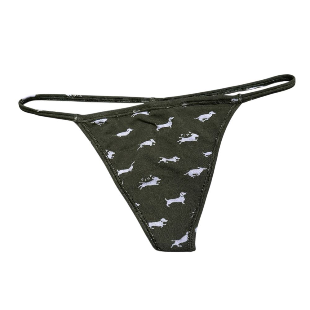 Victorias Secret V-String Panty Olive Dachshund Dog Print NWT XL Green